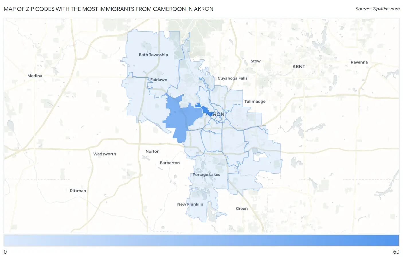 Zip Codes with the Most Immigrants from Cameroon in Akron Map