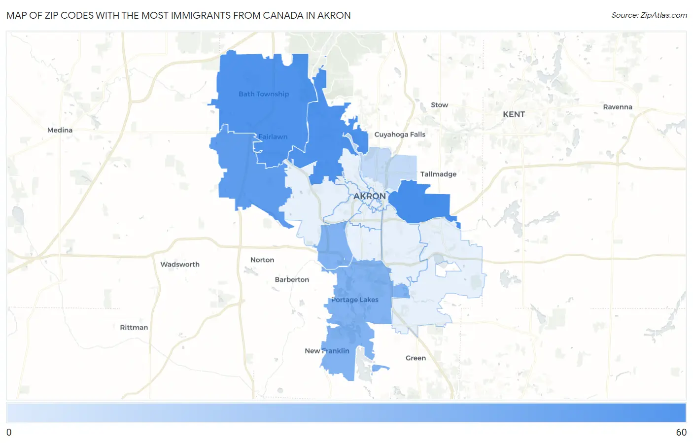 Zip Codes with the Most Immigrants from Canada in Akron Map
