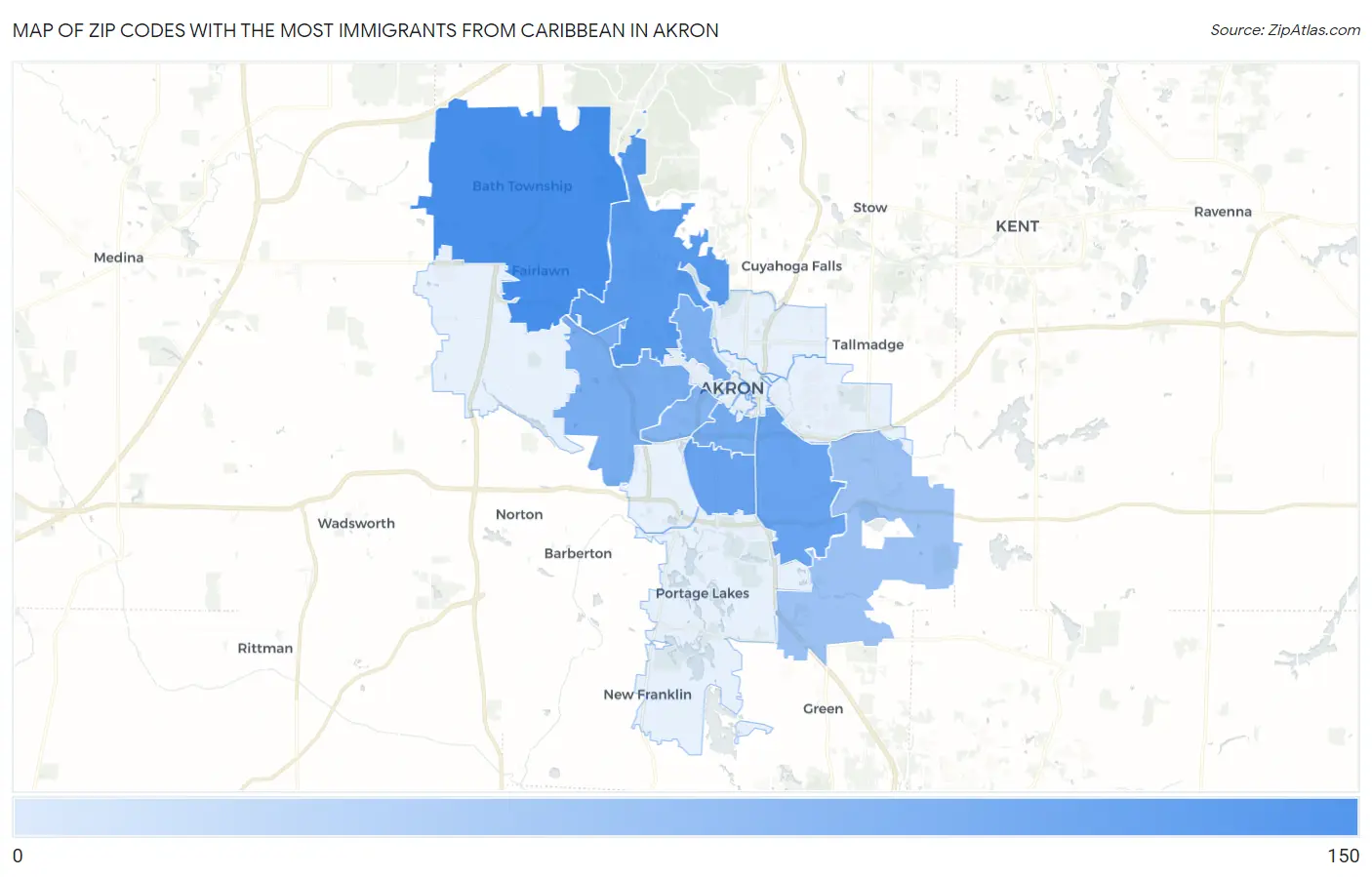 Zip Codes with the Most Immigrants from Caribbean in Akron Map