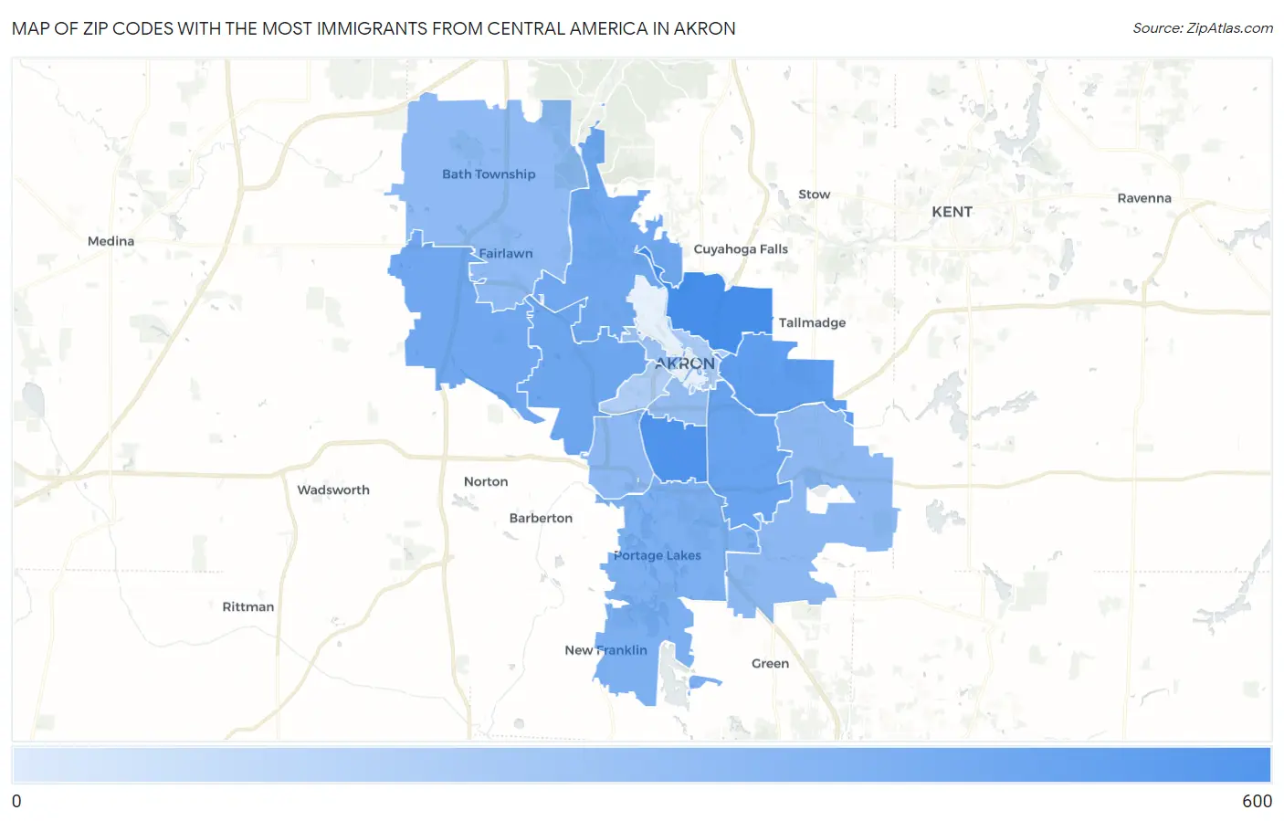 Zip Codes with the Most Immigrants from Central America in Akron Map