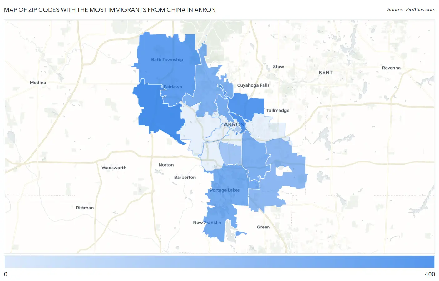 Zip Codes with the Most Immigrants from China in Akron Map