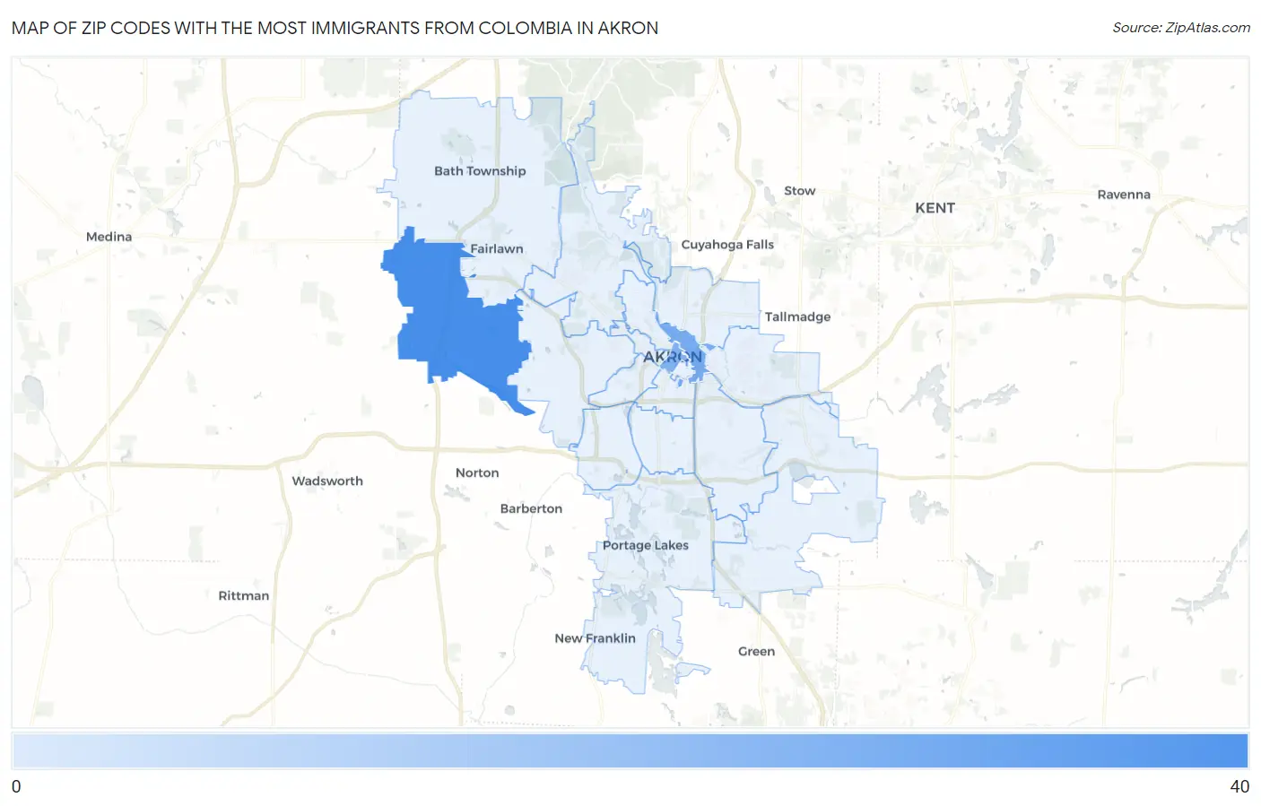 Zip Codes with the Most Immigrants from Colombia in Akron Map