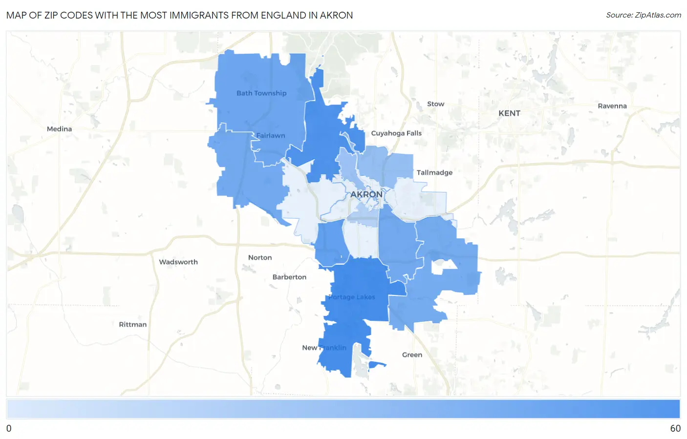 Zip Codes with the Most Immigrants from England in Akron Map