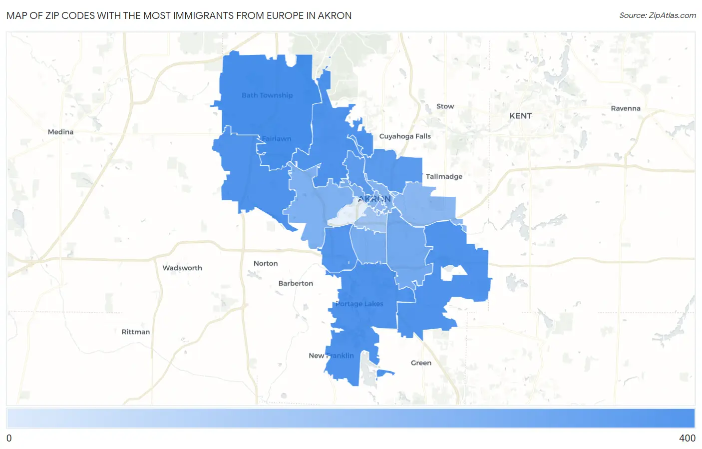 Zip Codes with the Most Immigrants from Europe in Akron Map