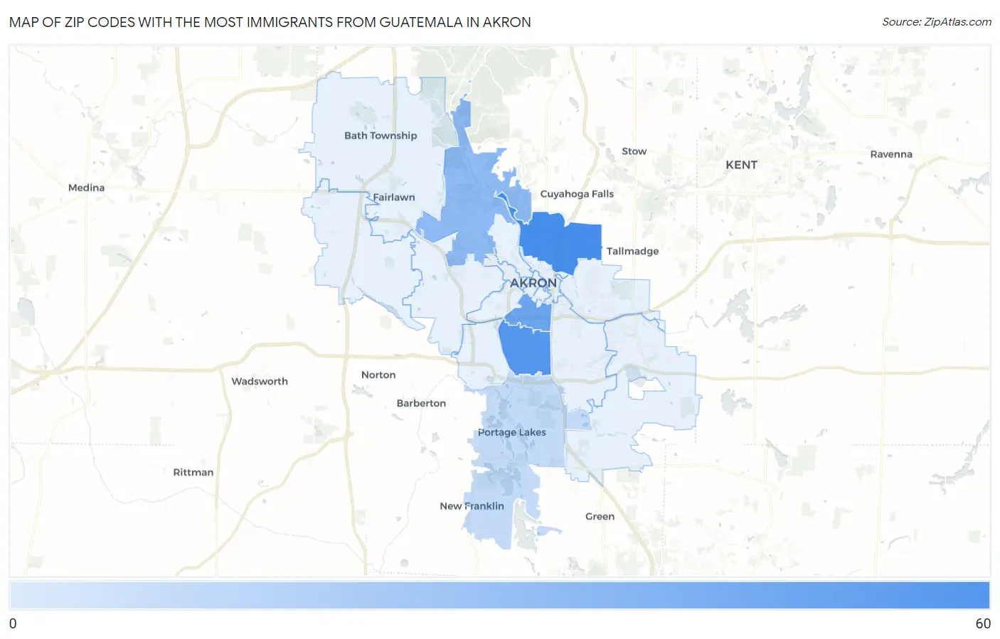 Zip Codes with the Most Immigrants from Guatemala in Akron Map