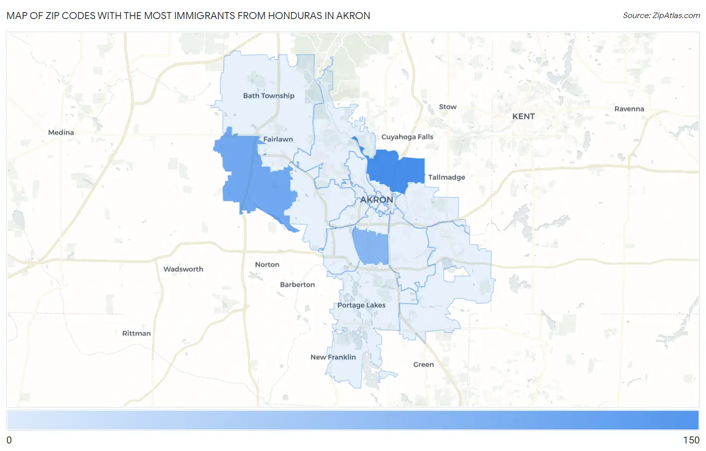 Zip Codes with the Most Immigrants from Honduras in Akron Map