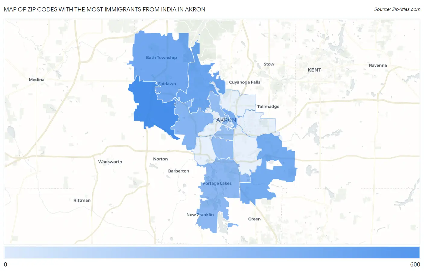 Zip Codes with the Most Immigrants from India in Akron Map