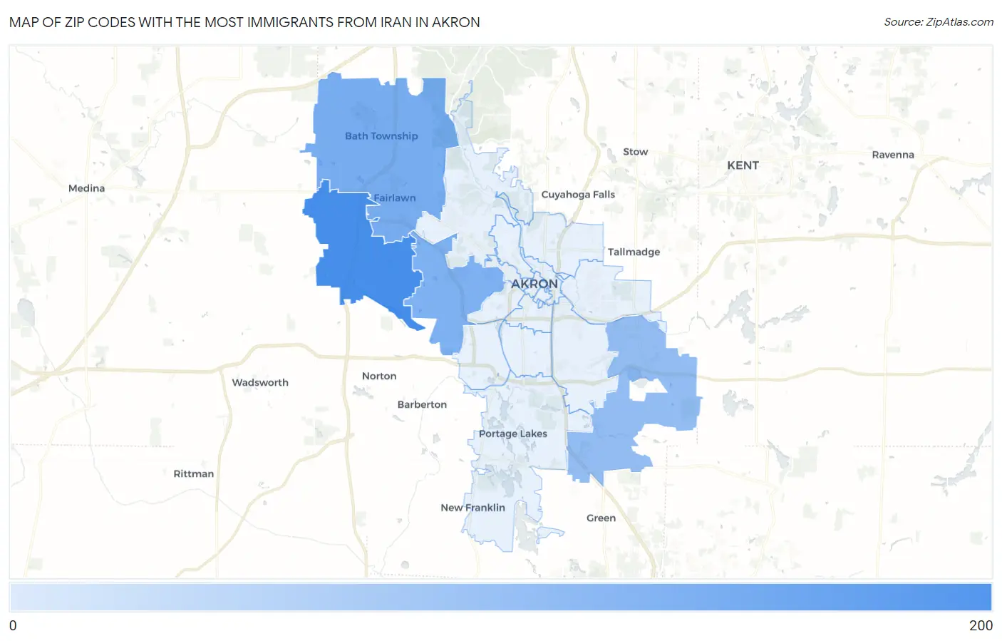 Zip Codes with the Most Immigrants from Iran in Akron Map