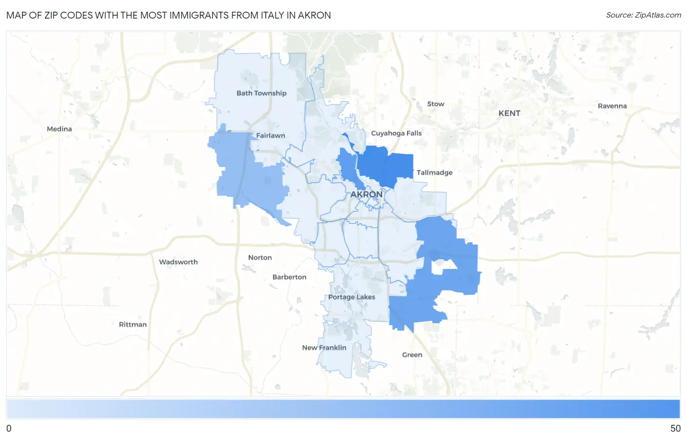 Zip Codes with the Most Immigrants from Italy in Akron Map