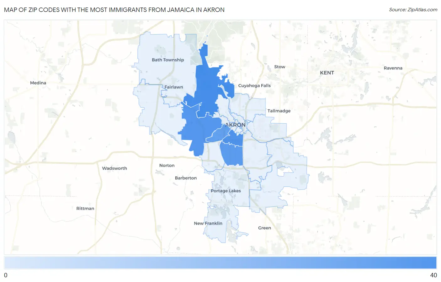 Zip Codes with the Most Immigrants from Jamaica in Akron Map