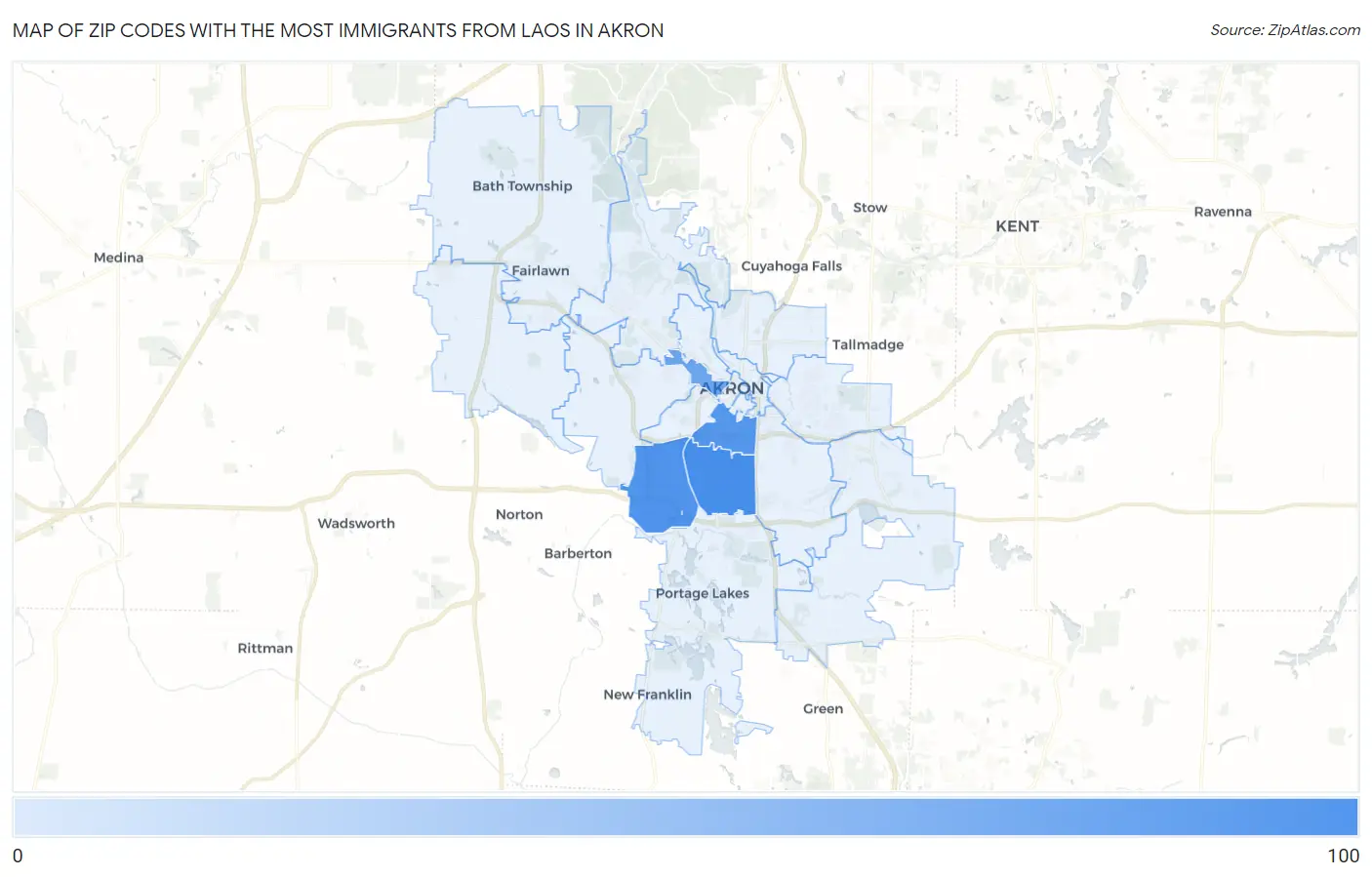 Zip Codes with the Most Immigrants from Laos in Akron Map