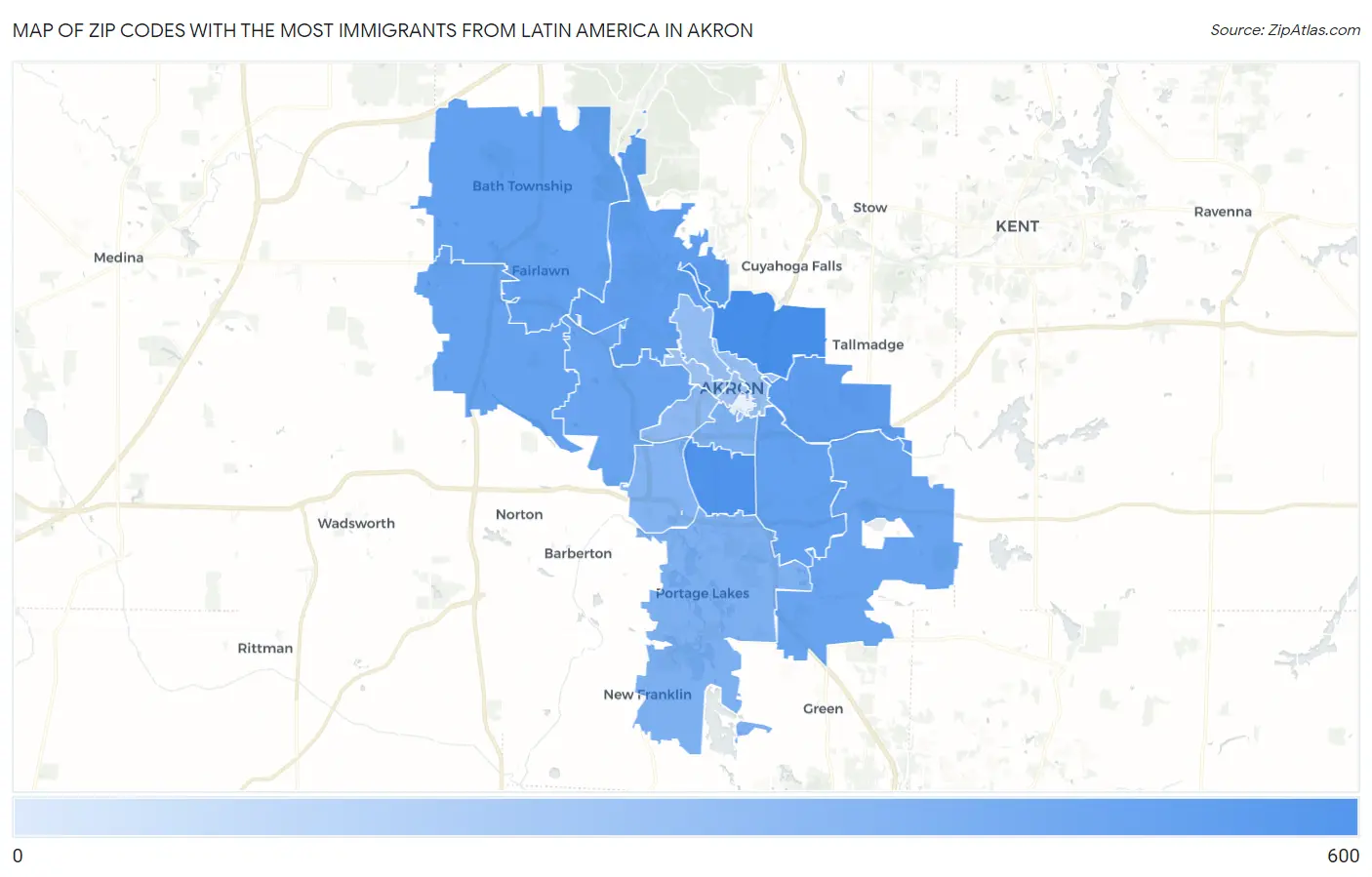 Zip Codes with the Most Immigrants from Latin America in Akron Map