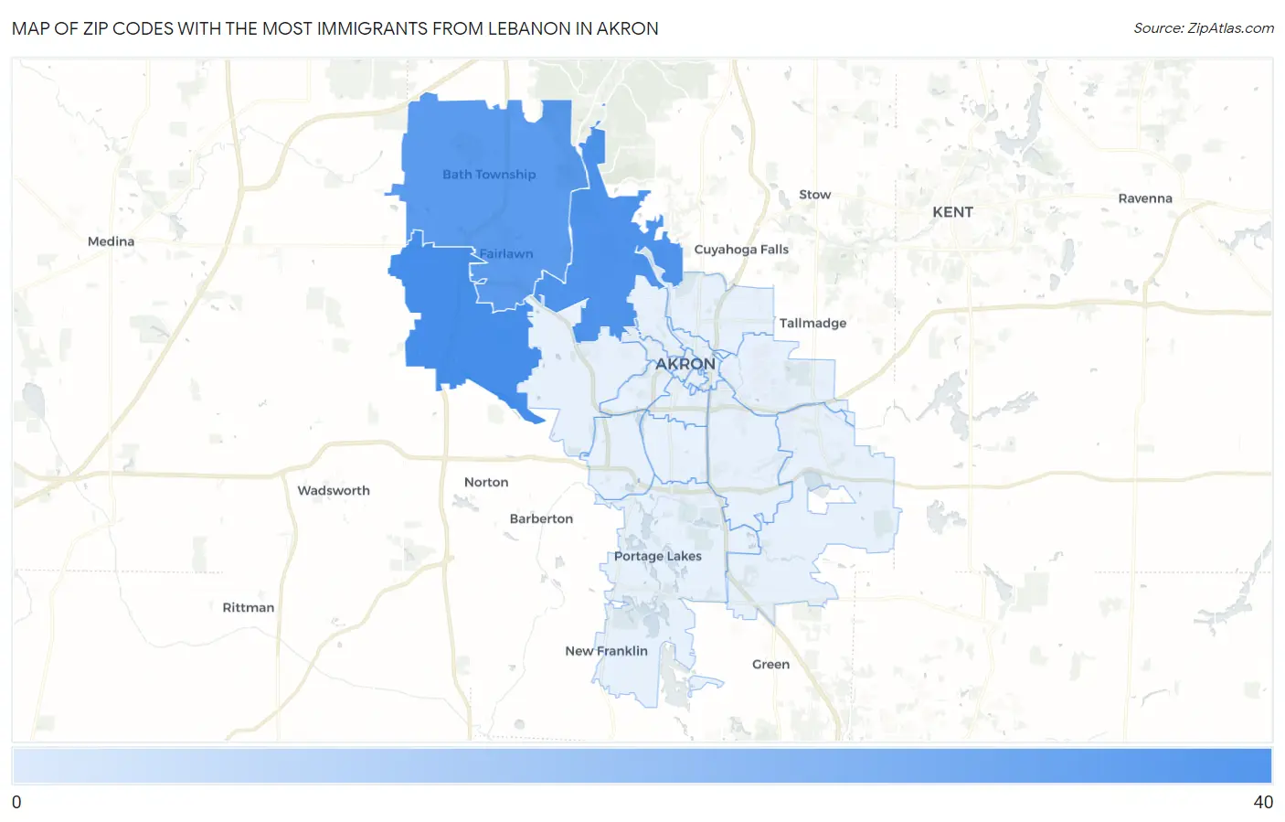 Zip Codes with the Most Immigrants from Lebanon in Akron Map