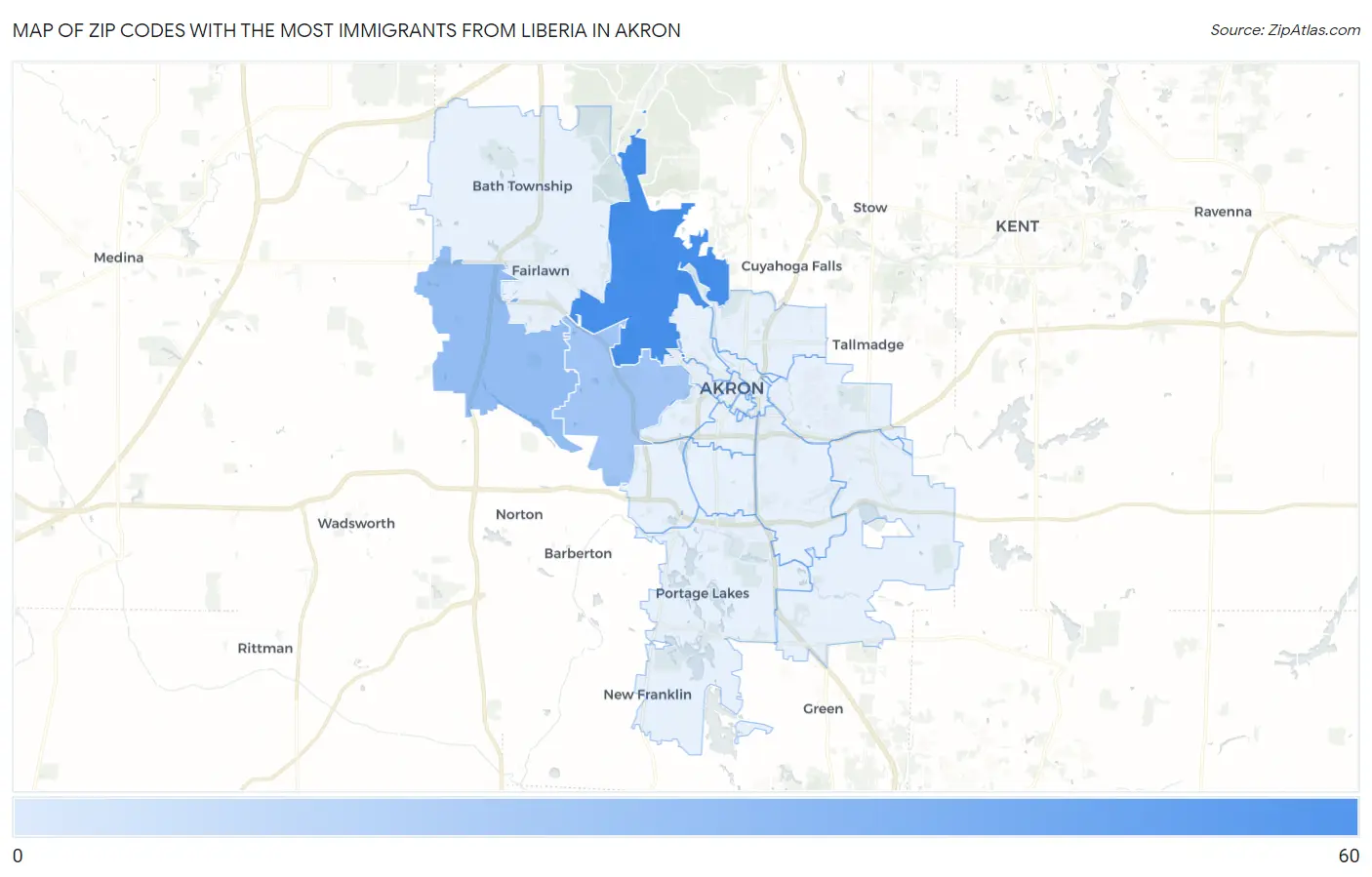 Zip Codes with the Most Immigrants from Liberia in Akron Map