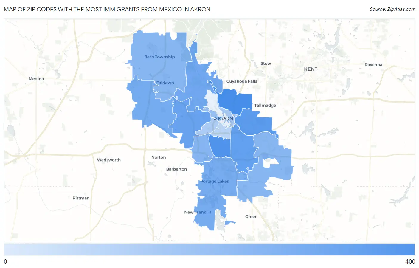 Zip Codes with the Most Immigrants from Mexico in Akron Map
