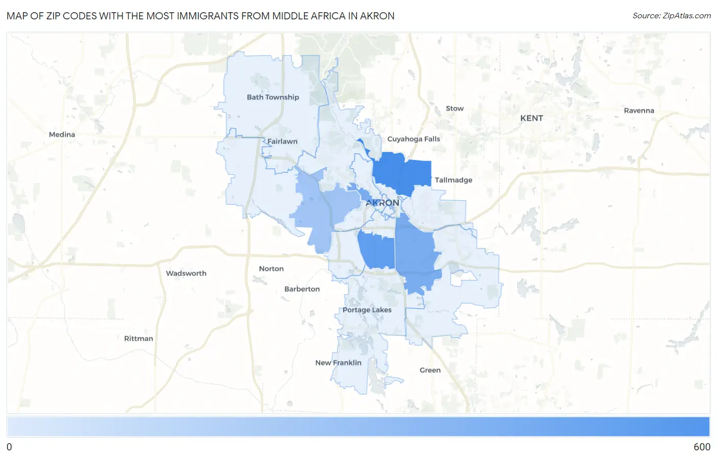 Zip Codes with the Most Immigrants from Middle Africa in Akron Map
