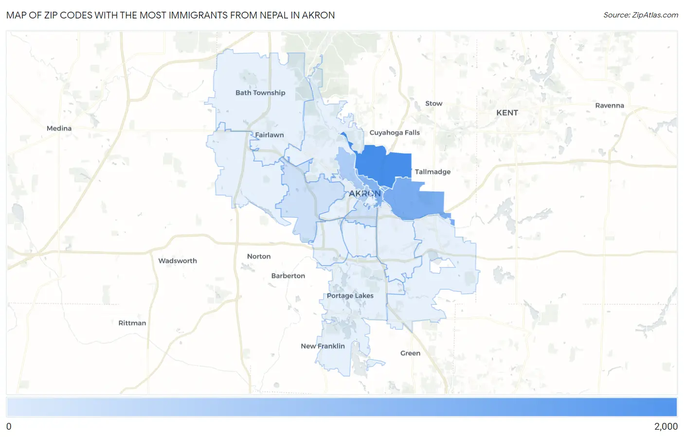 Zip Codes with the Most Immigrants from Nepal in Akron Map