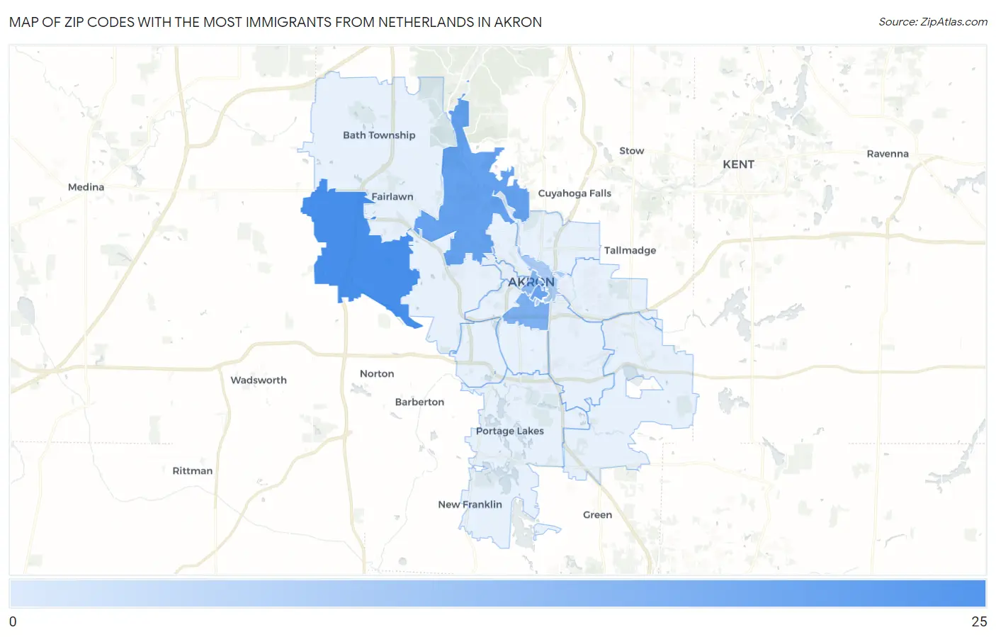 Zip Codes with the Most Immigrants from Netherlands in Akron Map