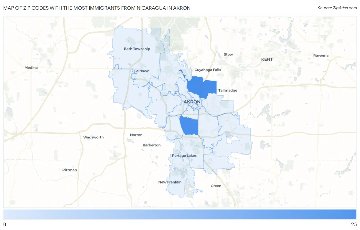 Zip Codes with the Most Immigrants from Nicaragua in Akron Map