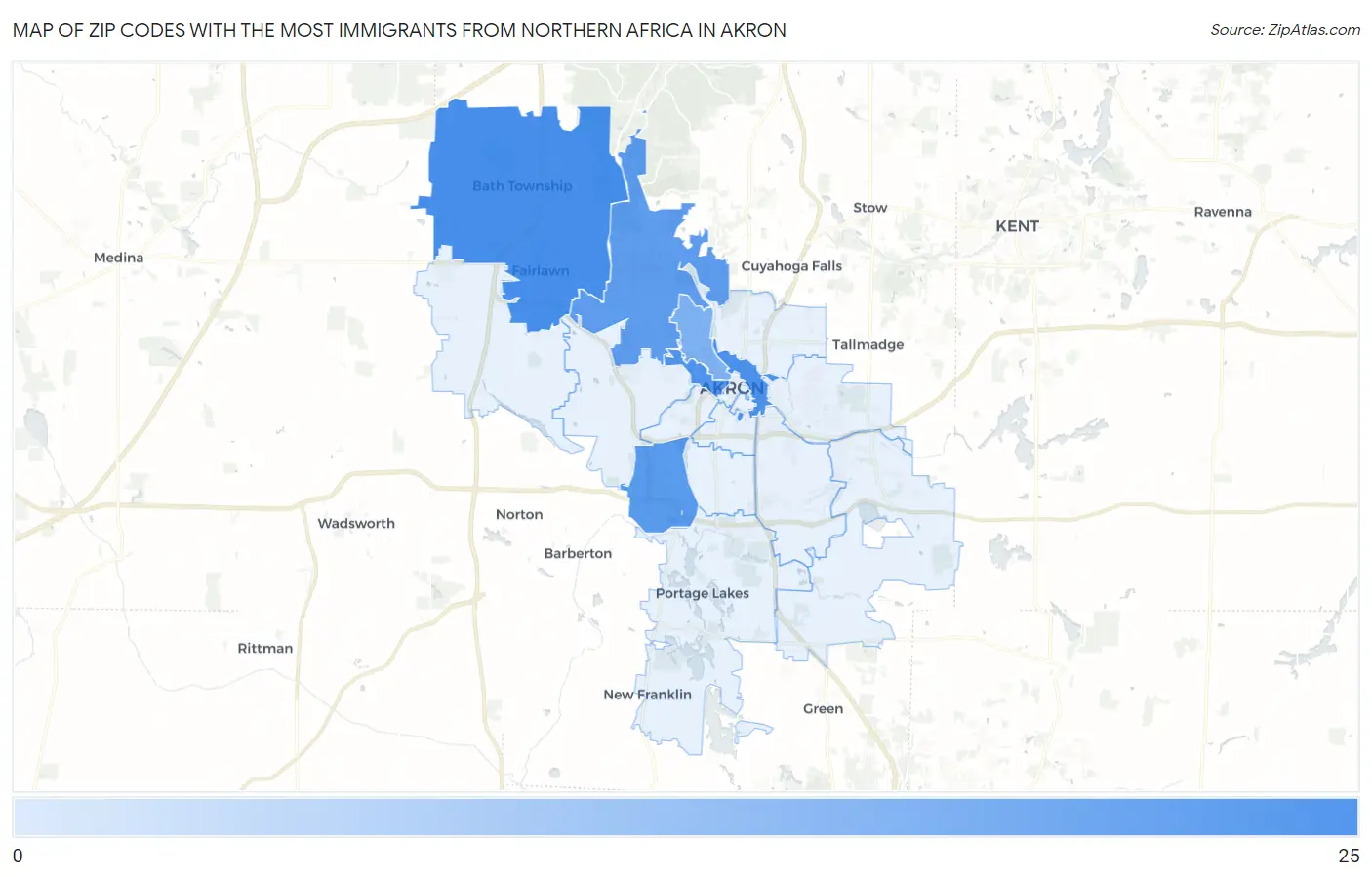 Zip Codes with the Most Immigrants from Northern Africa in Akron Map