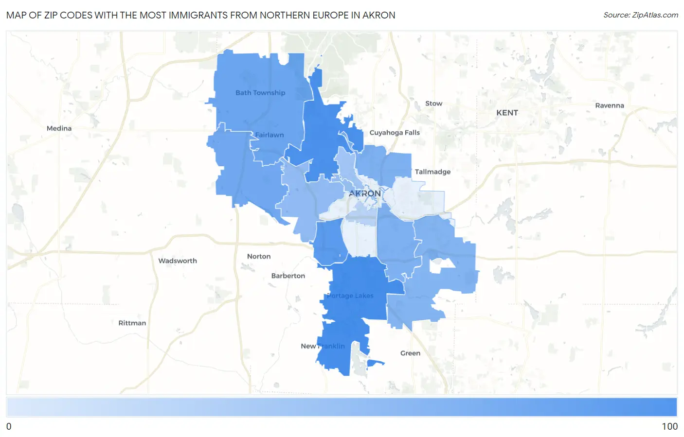 Zip Codes with the Most Immigrants from Northern Europe in Akron Map