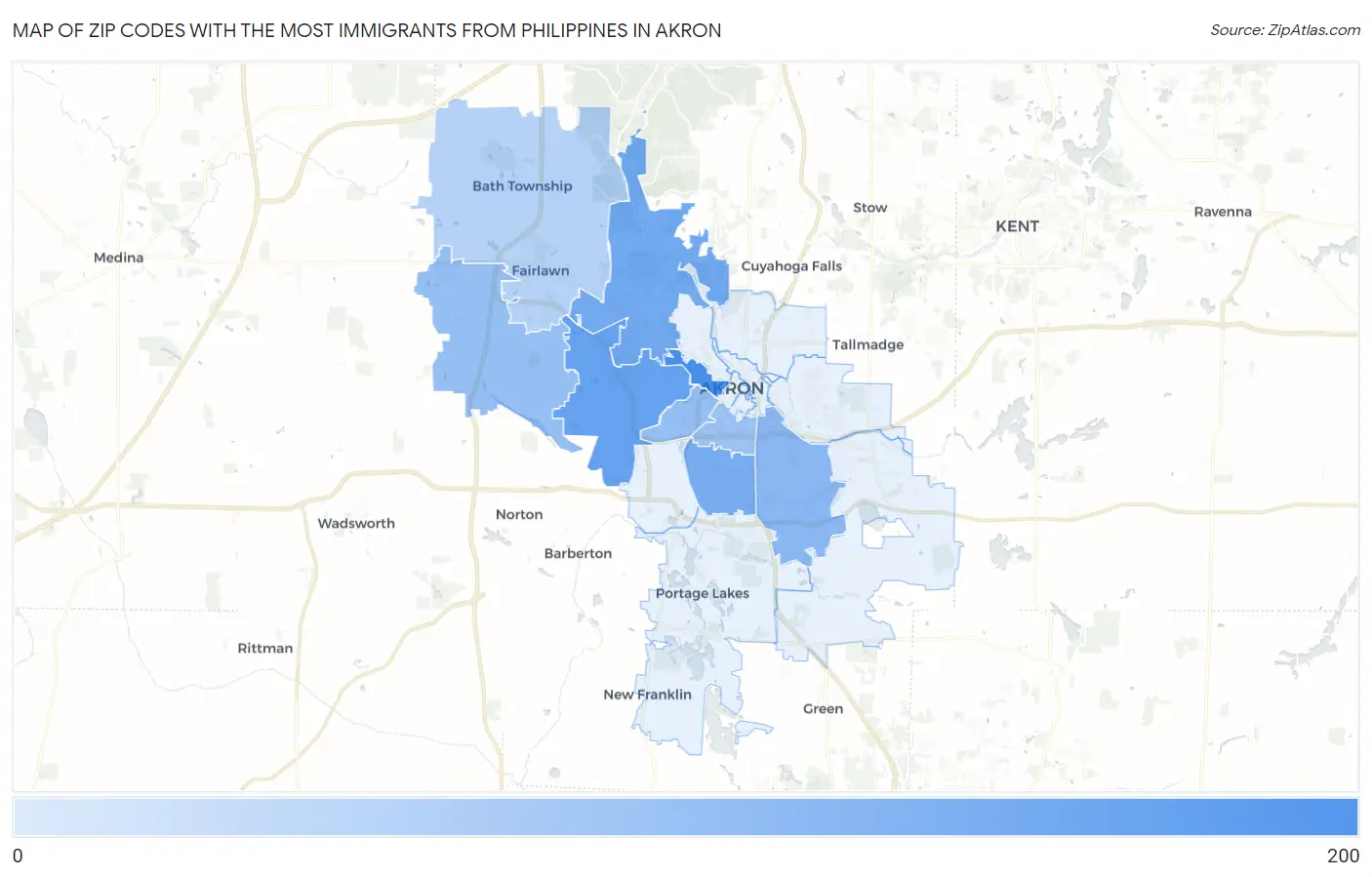 Zip Codes with the Most Immigrants from Philippines in Akron Map