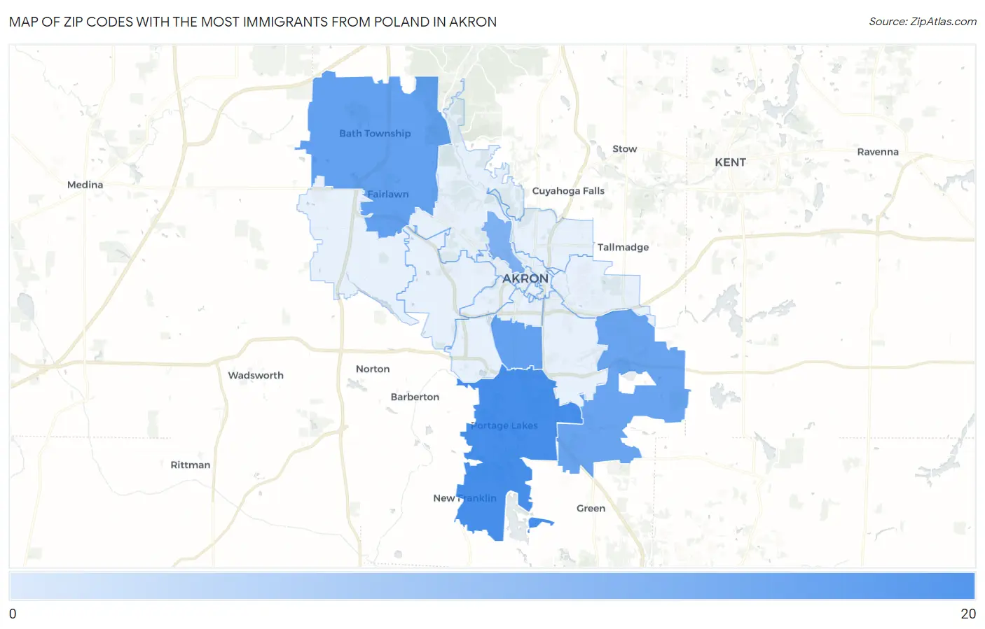 Zip Codes with the Most Immigrants from Poland in Akron Map