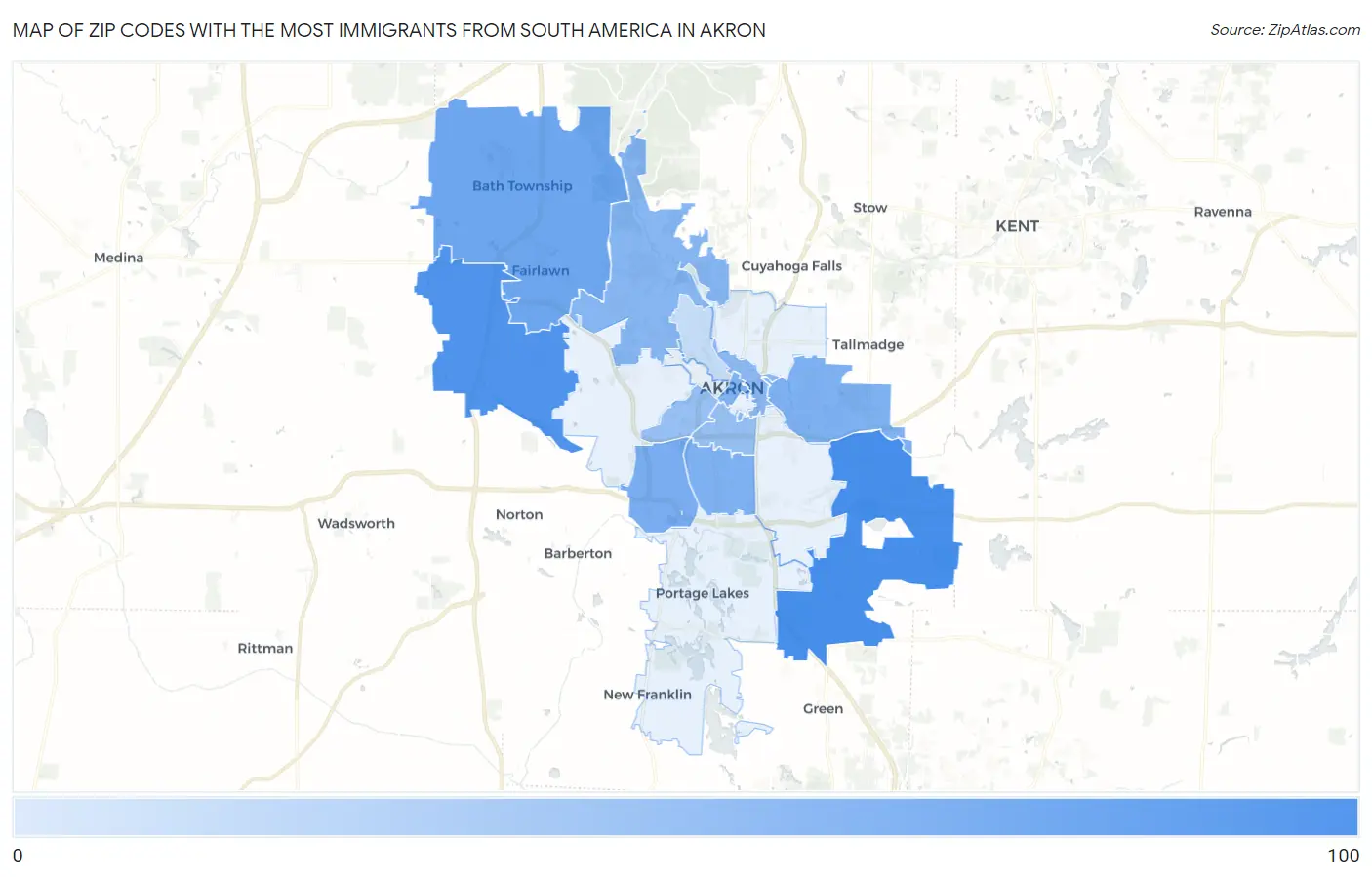 Zip Codes with the Most Immigrants from South America in Akron Map
