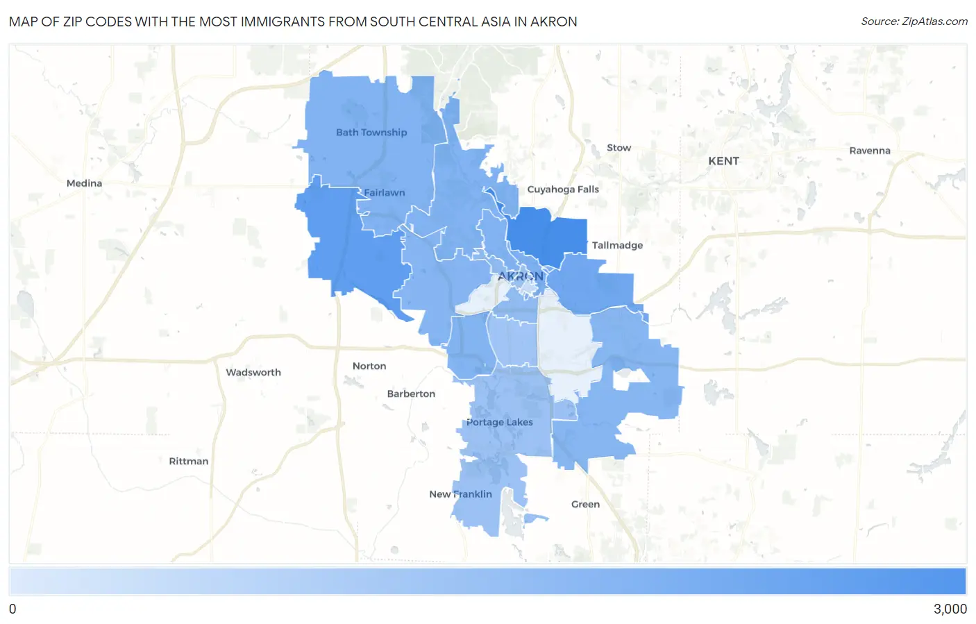 Zip Codes with the Most Immigrants from South Central Asia in Akron Map