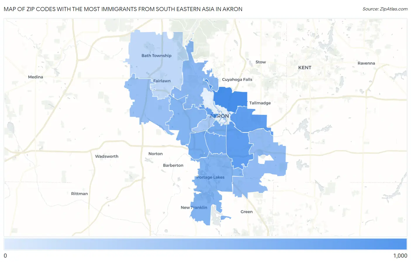 Zip Codes with the Most Immigrants from South Eastern Asia in Akron Map
