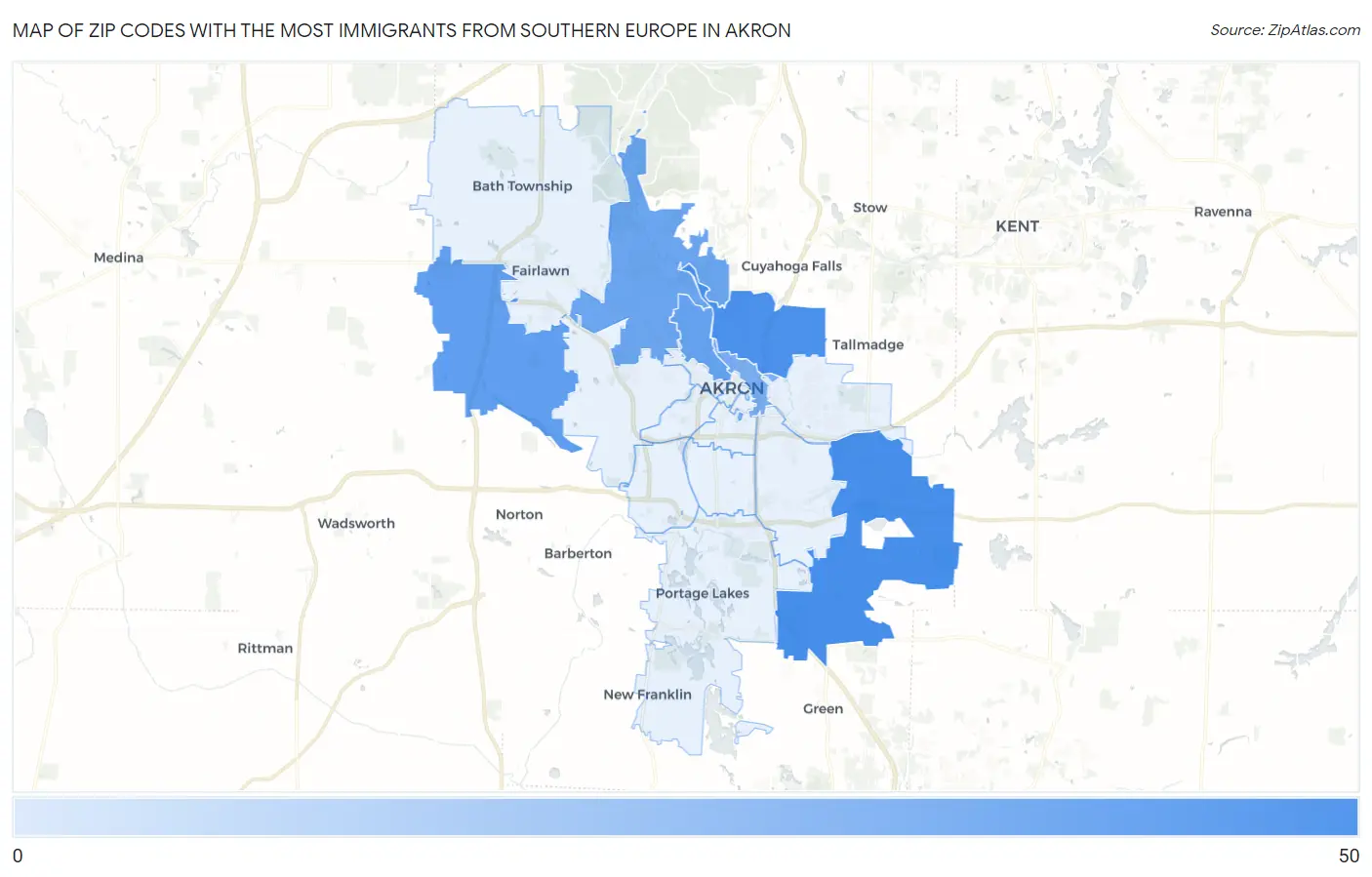 Zip Codes with the Most Immigrants from Southern Europe in Akron Map