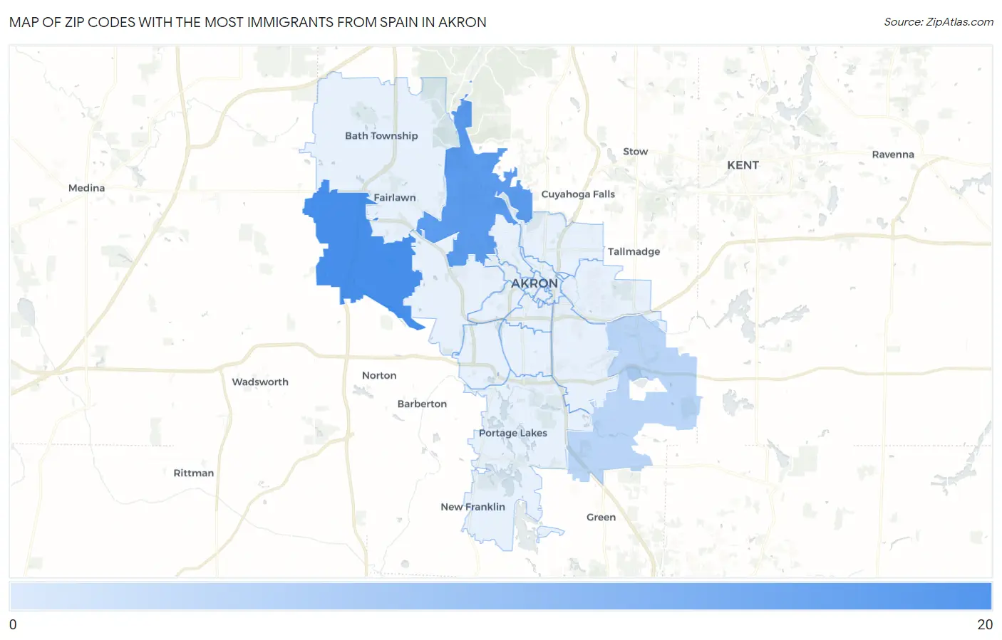 Zip Codes with the Most Immigrants from Spain in Akron Map