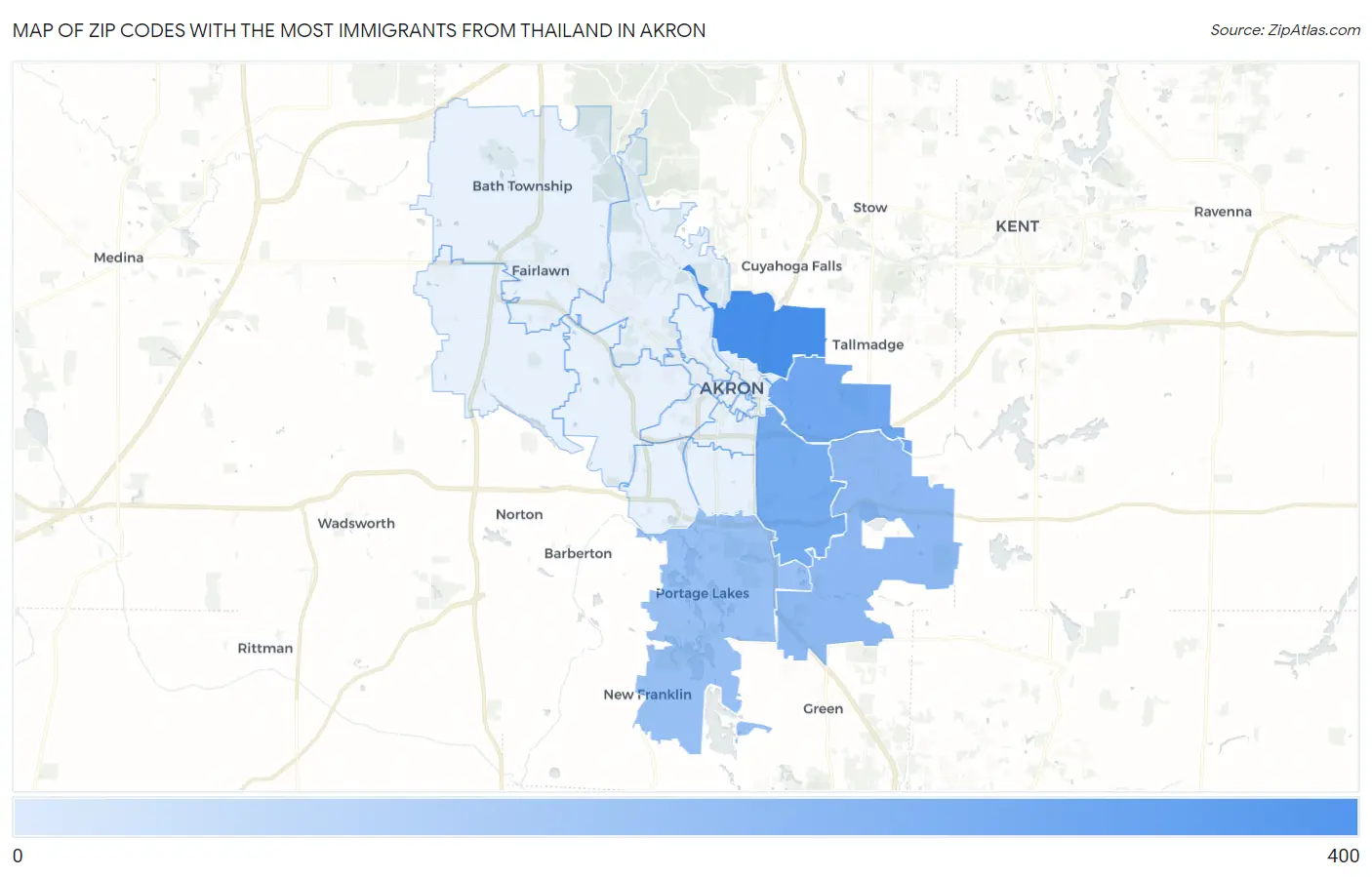 Zip Codes with the Most Immigrants from Thailand in Akron Map
