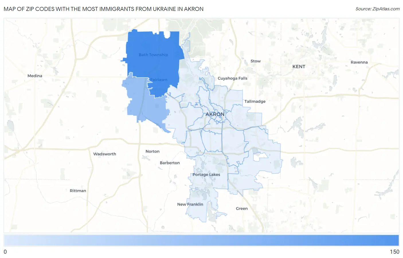 Zip Codes with the Most Immigrants from Ukraine in Akron Map
