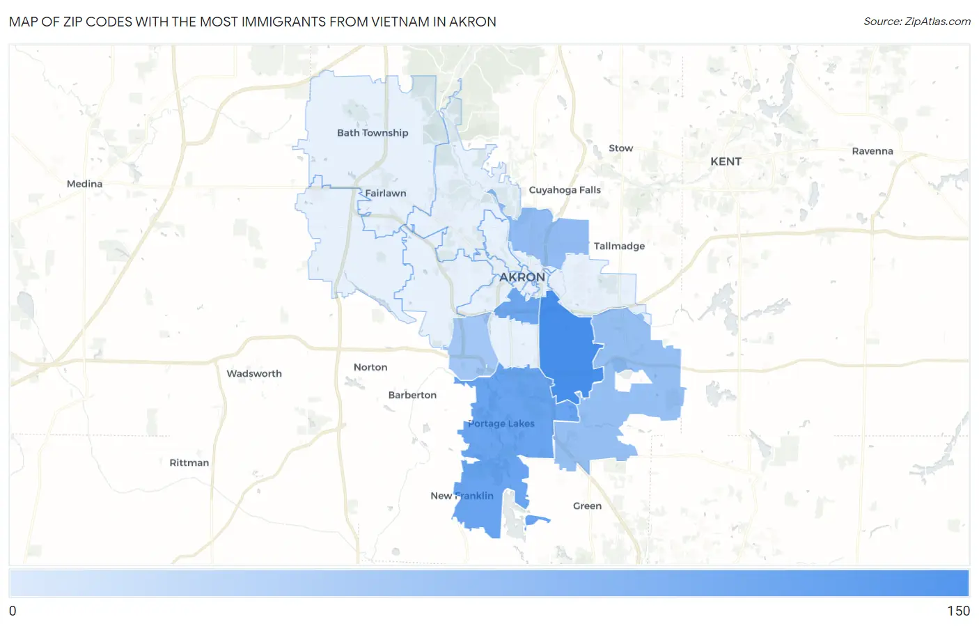 Zip Codes with the Most Immigrants from Vietnam in Akron Map