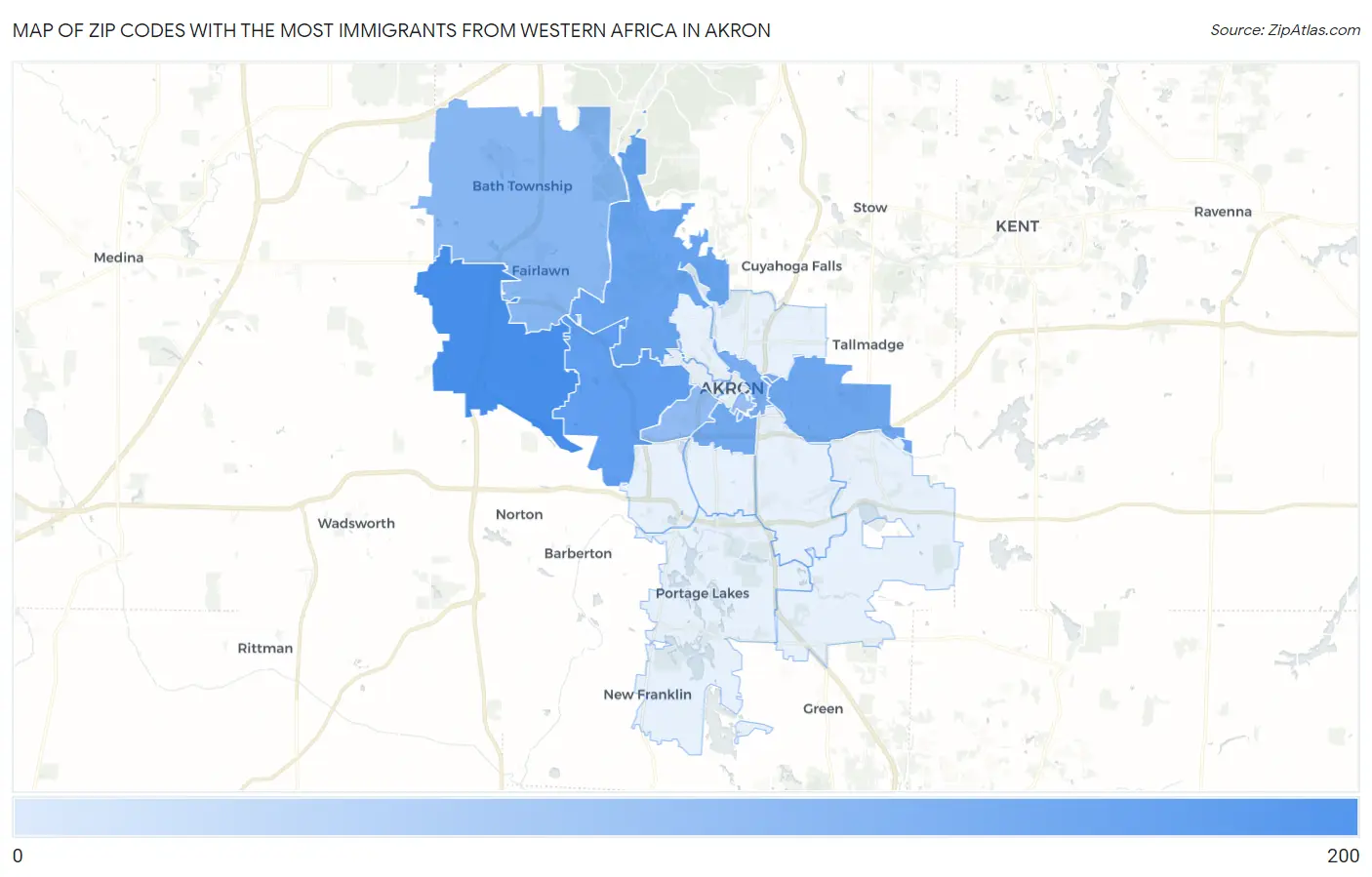 Zip Codes with the Most Immigrants from Western Africa in Akron Map
