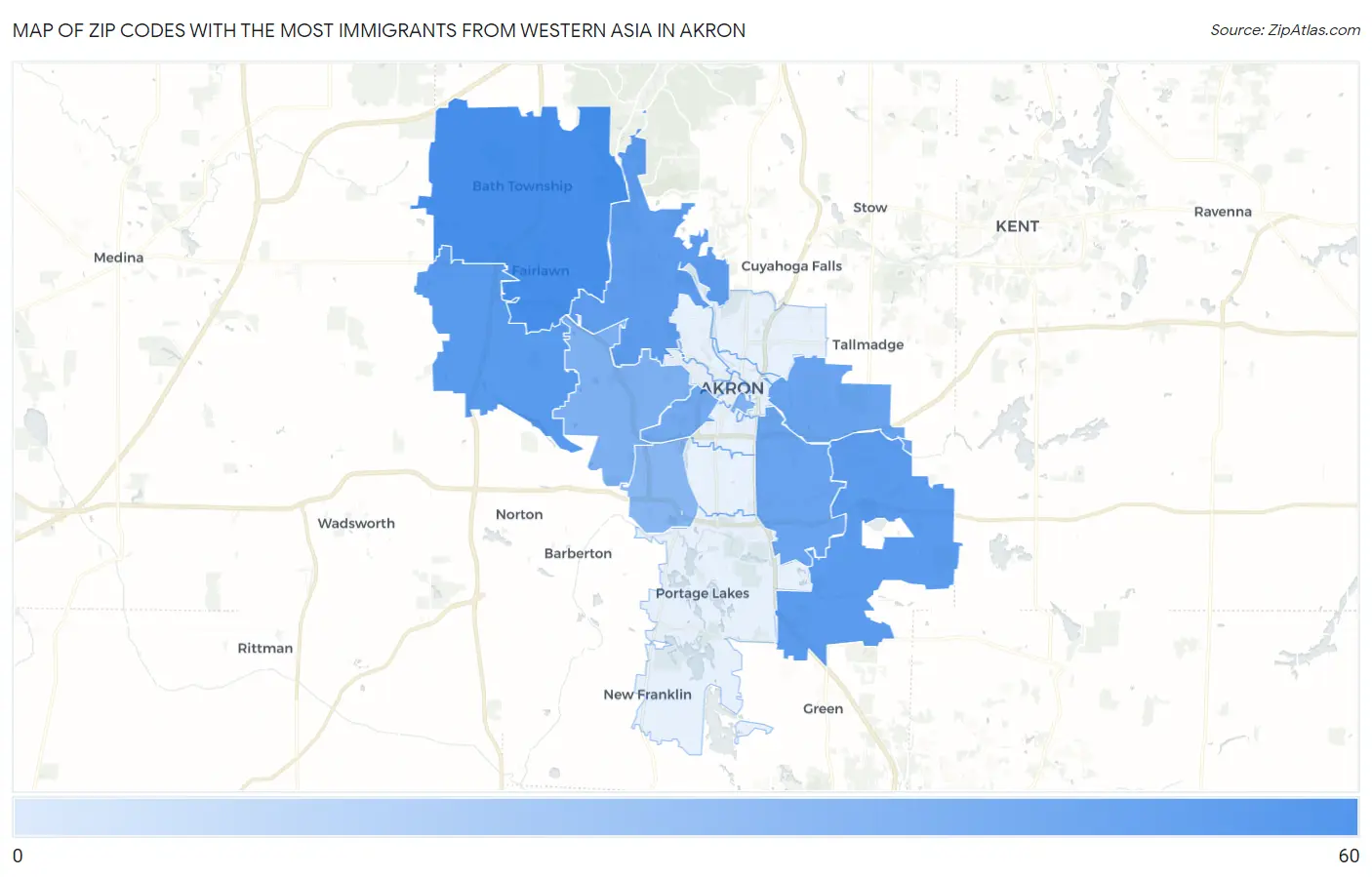 Zip Codes with the Most Immigrants from Western Asia in Akron Map