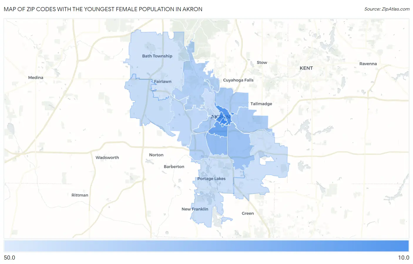 Zip Codes with the Youngest Female Population in Akron Map