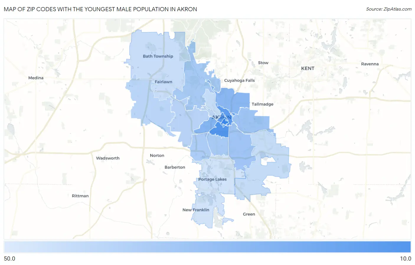 Zip Codes with the Youngest Male Population in Akron Map
