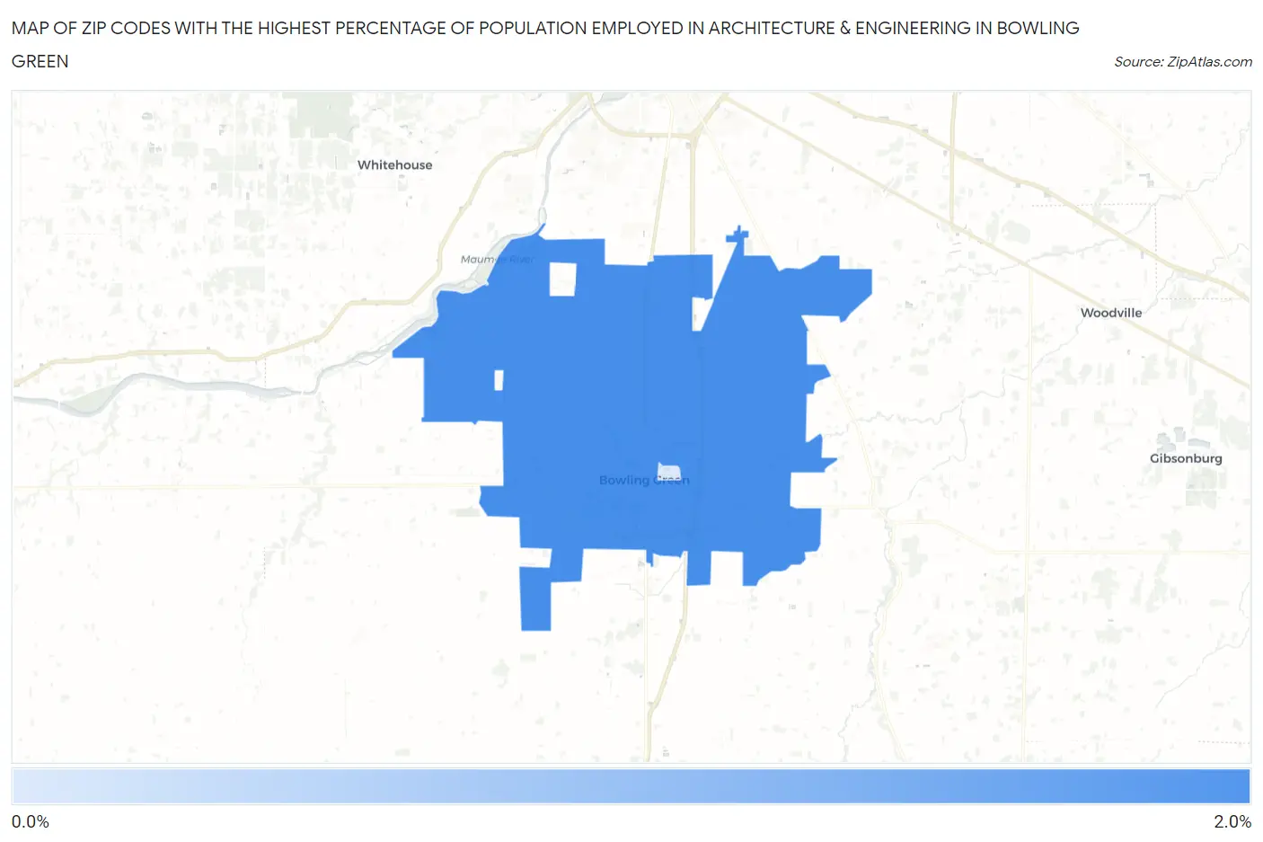 Zip Codes with the Highest Percentage of Population Employed in Architecture & Engineering in Bowling Green Map
