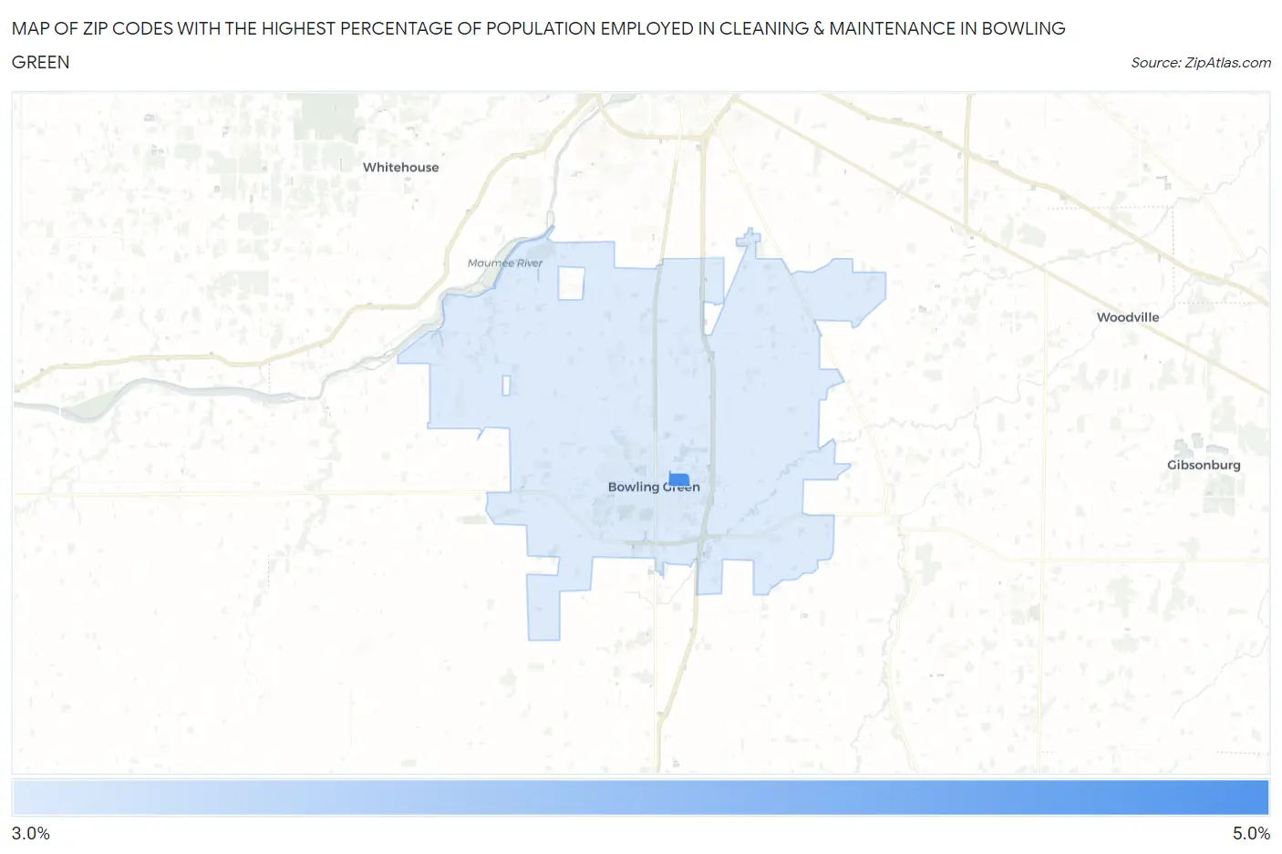 Zip Codes with the Highest Percentage of Population Employed in Cleaning & Maintenance in Bowling Green Map