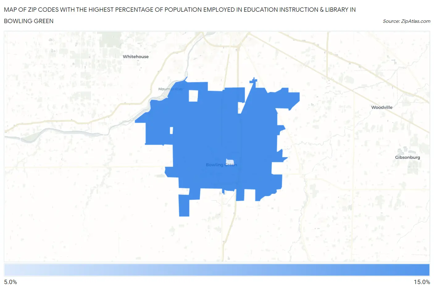 Zip Codes with the Highest Percentage of Population Employed in Education Instruction & Library in Bowling Green Map
