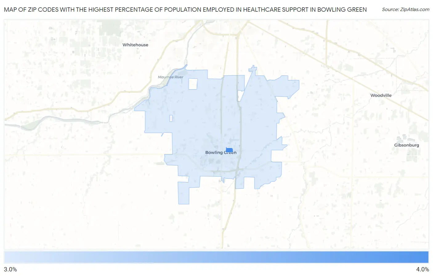 Zip Codes with the Highest Percentage of Population Employed in Healthcare Support in Bowling Green Map