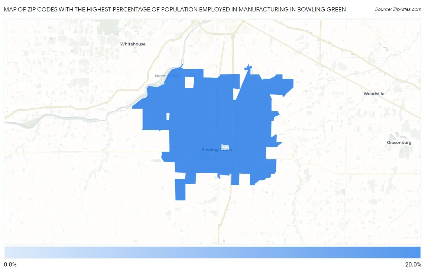 Zip Codes with the Highest Percentage of Population Employed in Manufacturing in Bowling Green Map