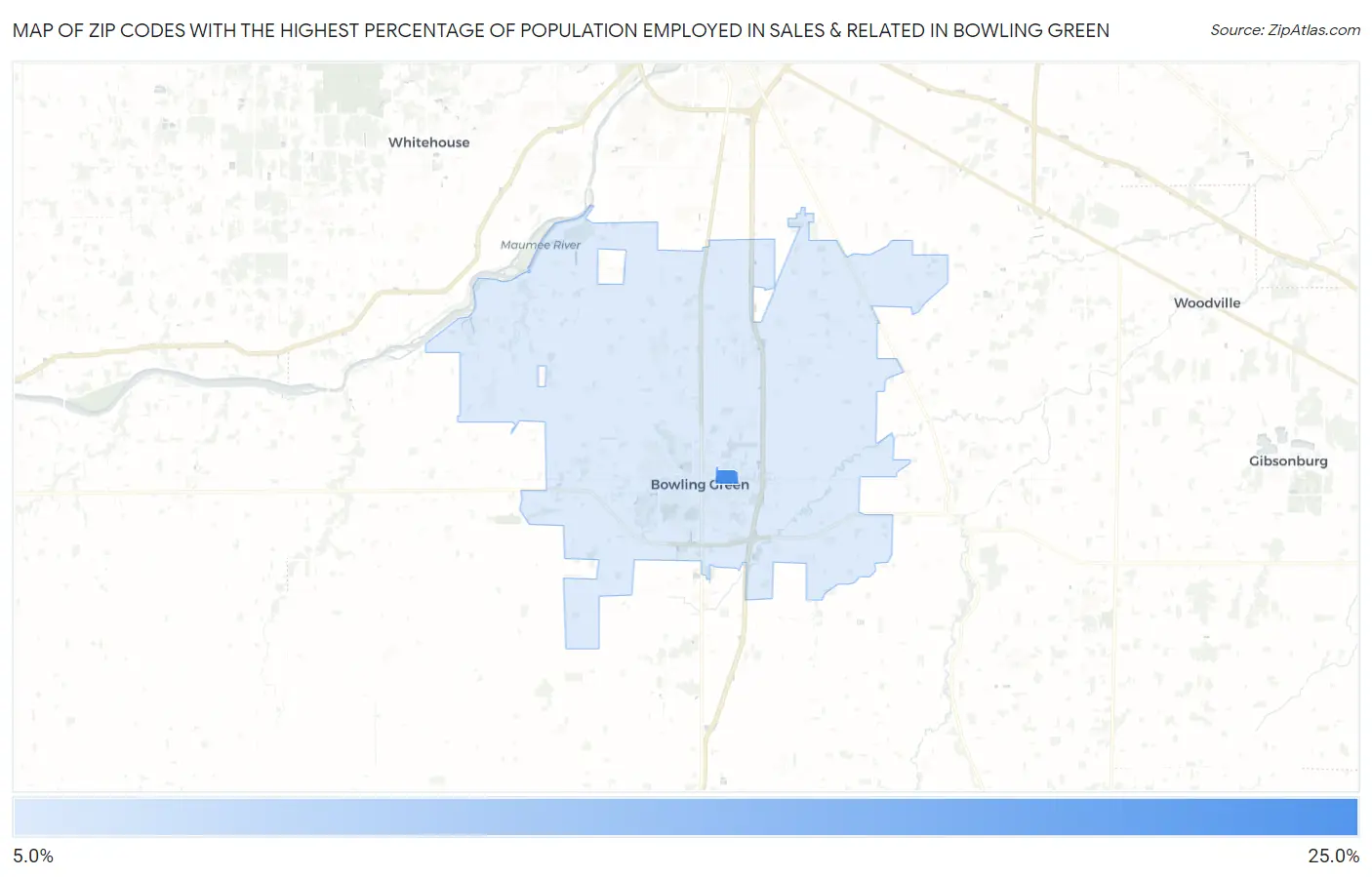 Zip Codes with the Highest Percentage of Population Employed in Sales & Related in Bowling Green Map