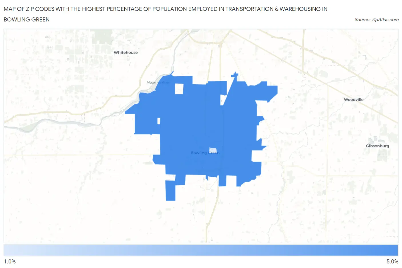 Zip Codes with the Highest Percentage of Population Employed in Transportation & Warehousing in Bowling Green Map