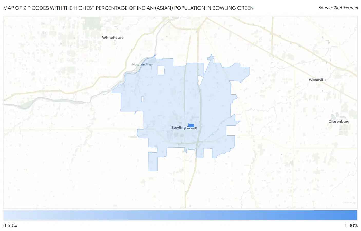 Zip Codes with the Highest Percentage of Indian (Asian) Population in Bowling Green Map