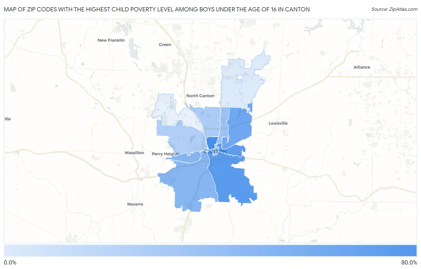 Zip Codes with the Highest Child Poverty Level Among Boys Under the Age of 16 in Canton Map