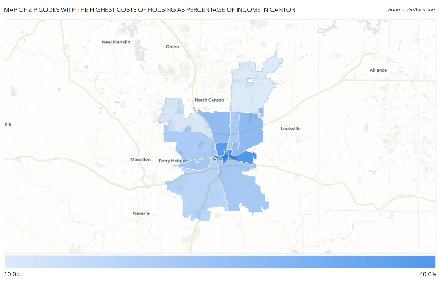 Zip Codes with the Highest Costs of Housing as Percentage of Income in Canton Map