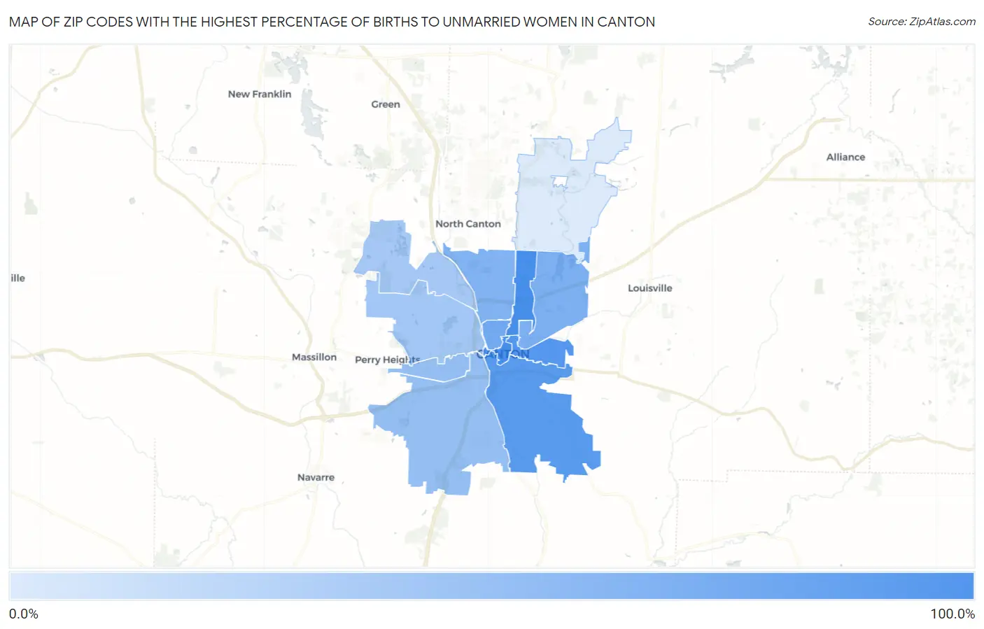 Zip Codes with the Highest Percentage of Births to Unmarried Women in Canton Map